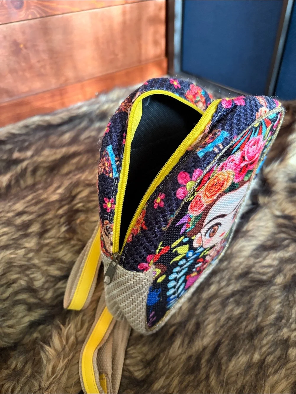 Mexican Artist Frida Kahlo Mini Backpack Animated Female Floral Yellow Woven